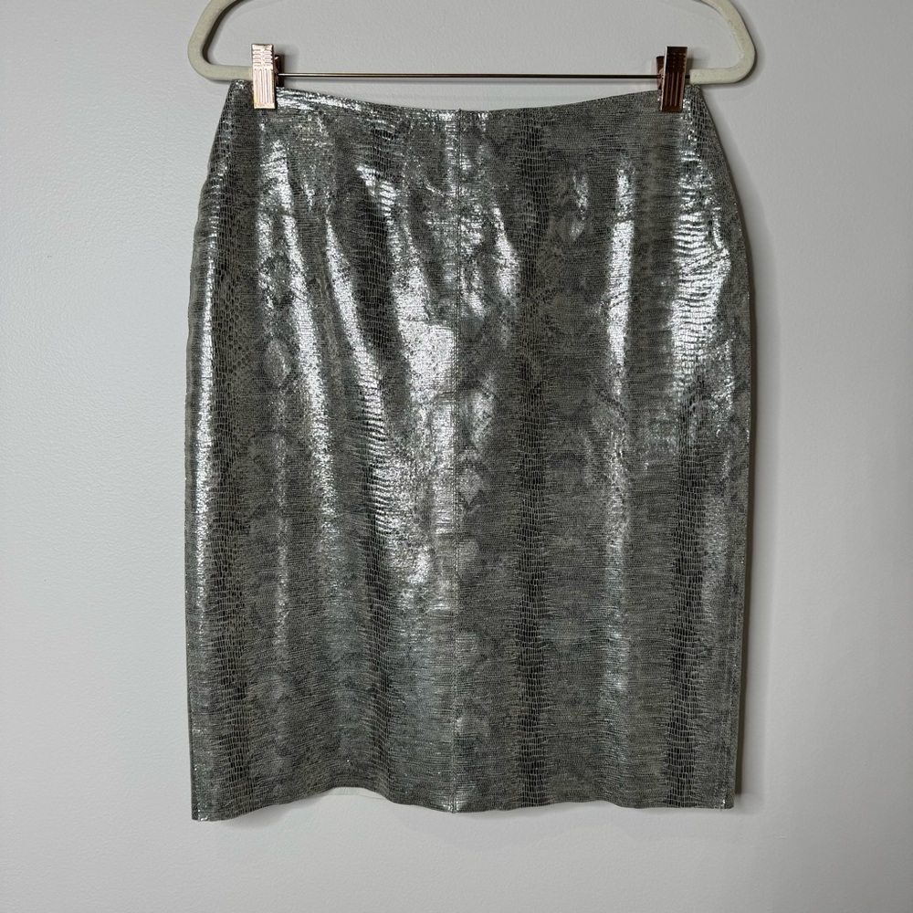 Margaret Godfrey Metallic Snakeskin Leather High Rise Knee Length Pencil Skirt